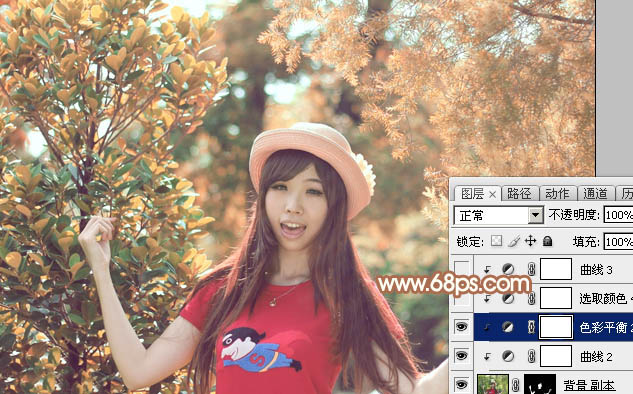 Photoshop为树林中的女孩调出小清新的绿橙色