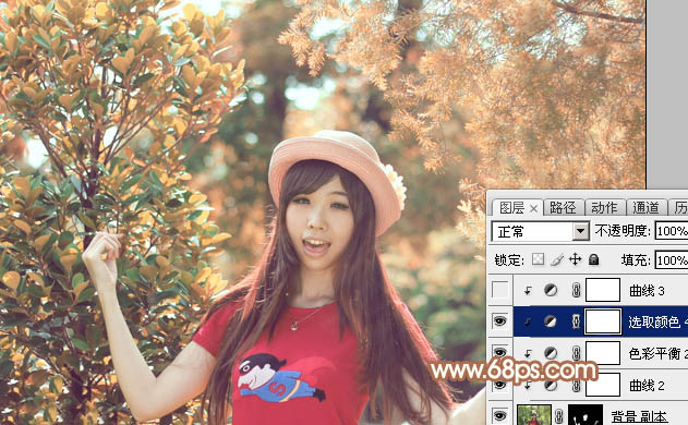 Photoshop为树林中的女孩调出小清新的绿橙色
