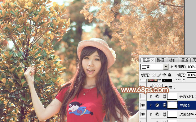 Photoshop为树林中的女孩调出小清新的绿橙色