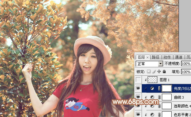 Photoshop为树林中的女孩调出小清新的绿橙色