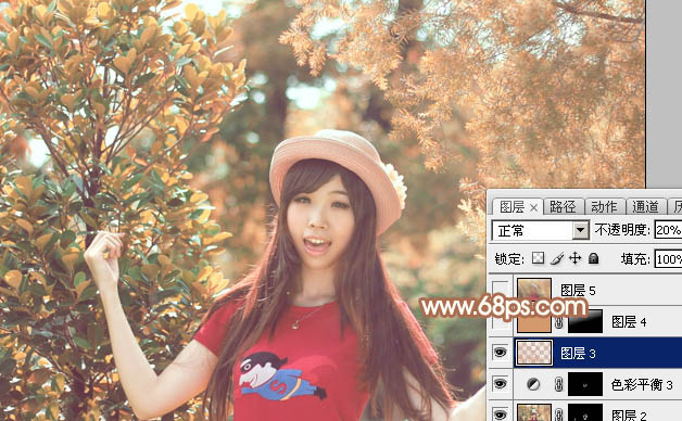 Photoshop为树林中的女孩调出小清新的绿橙色