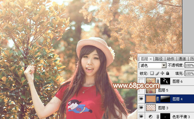 Photoshop为树林中的女孩调出小清新的绿橙色