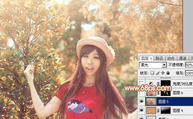 Photoshop为树林中的女孩调出小清新的绿橙色