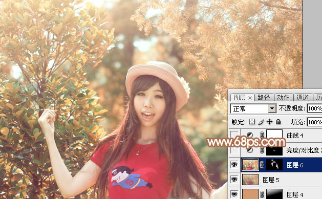 Photoshop为树林中的女孩调出小清新的绿橙色