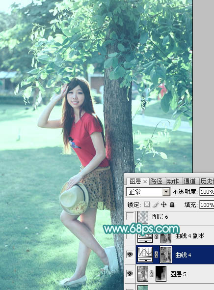 Photoshop为树荫下的美女图片加上清爽的青绿色