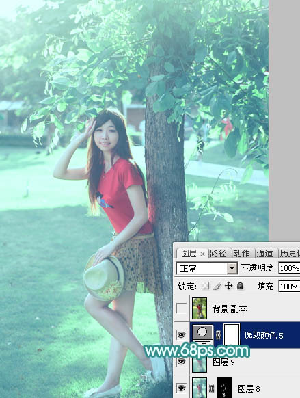 Photoshop为树荫下的美女图片加上清爽的青绿色