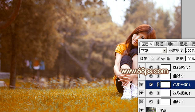 Photoshop将坐在草地上的美女调制出漂亮的秋季阳光色
