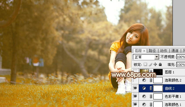 Photoshop将坐在草地上的美女调制出漂亮的秋季阳光色