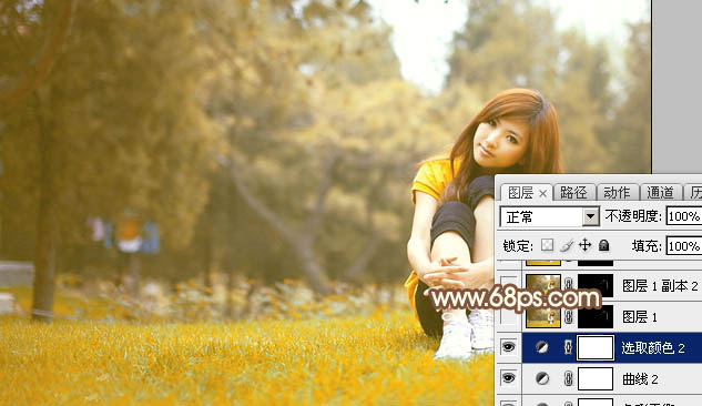 Photoshop将坐在草地上的美女调制出漂亮的秋季阳光色