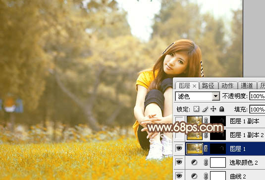 Photoshop将坐在草地上的美女调制出漂亮的秋季阳光色