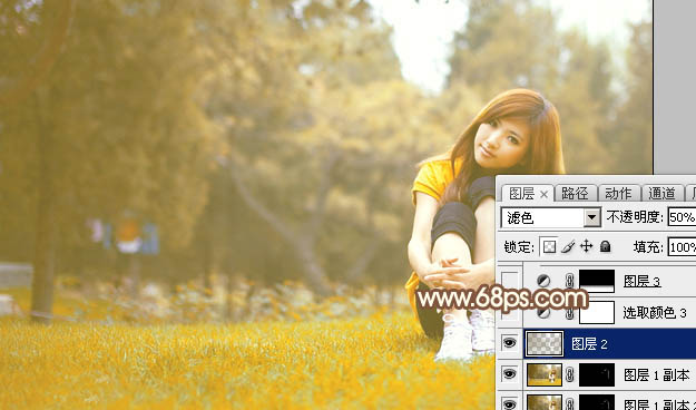 Photoshop将坐在草地上的美女调制出漂亮的秋季阳光色