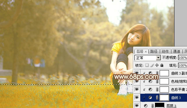 Photoshop将坐在草地上的美女调制出漂亮的秋季阳光色