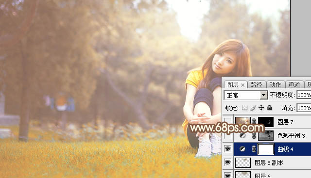 Photoshop将坐在草地上的美女调制出漂亮的秋季阳光色