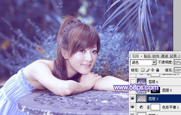 Photoshop为夏日趴在石桌上的美女图片增加小清新淡蓝色