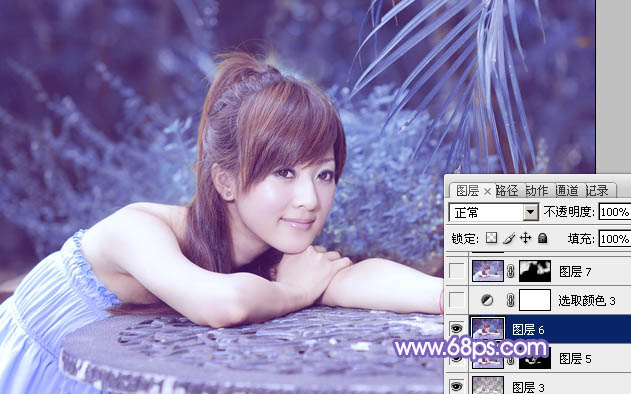 Photoshop为夏日趴在石桌上的美女图片增加小清新淡蓝色