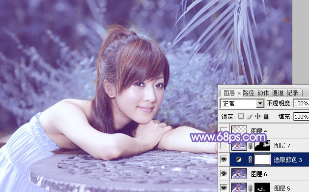 Photoshop为夏日趴在石桌上的美女图片增加小清新淡蓝色