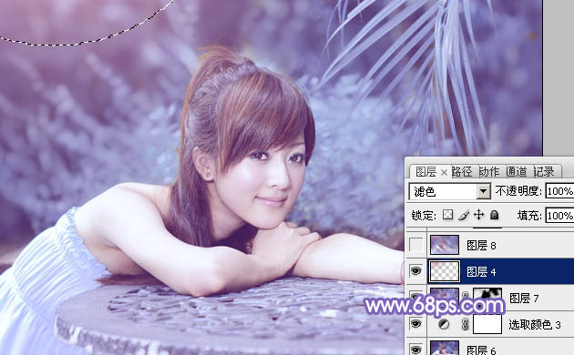 Photoshop为夏日趴在石桌上的美女图片增加小清新淡蓝色