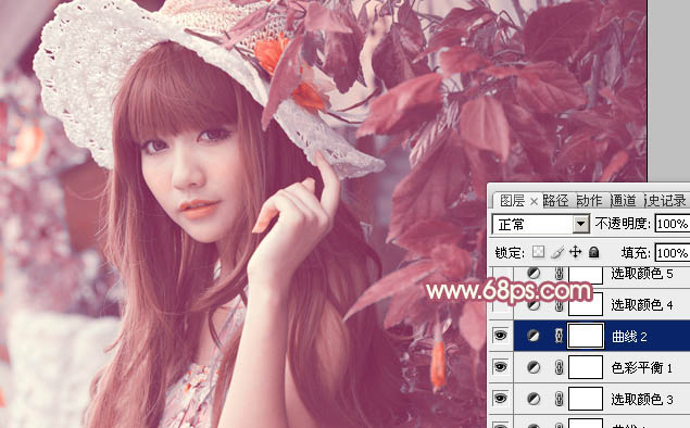 Photoshop将树叶下的美女图片增加上甜美的橙色效果