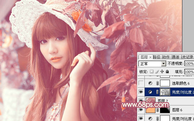 Photoshop将树叶下的美女图片增加上甜美的橙色效果