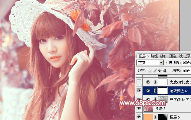Photoshop将树叶下的美女图片增加上甜美的橙色效果
