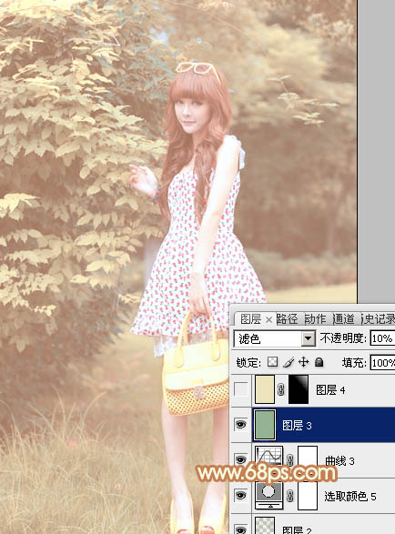 Photoshop为树林美女图片增加朦胧唯美的小清新淡黄色