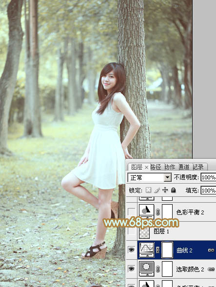 Photoshop将树林美女图片调制出柔和淡雅的黄绿色
