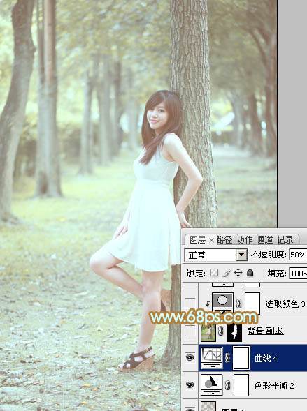Photoshop将树林美女图片调制出柔和淡雅的黄绿色