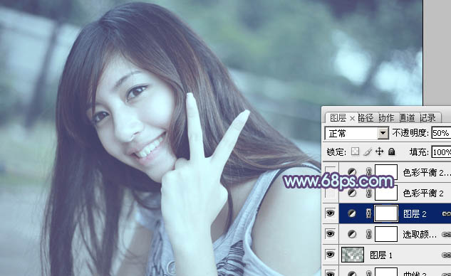 Photoshop为外景美女调出柔美的中性青蓝色