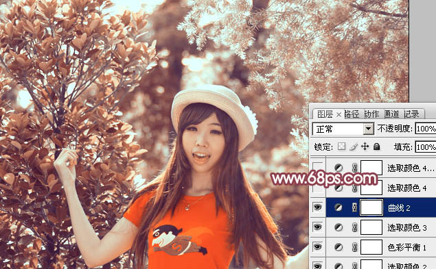 Photoshop为树林中人物图片增加鲜丽的橙褐色