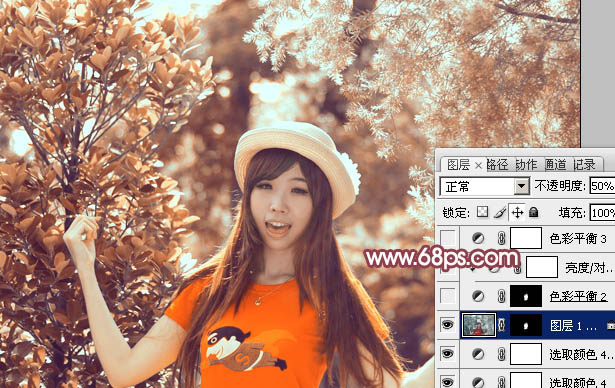 Photoshop为树林中人物图片增加鲜丽的橙褐色