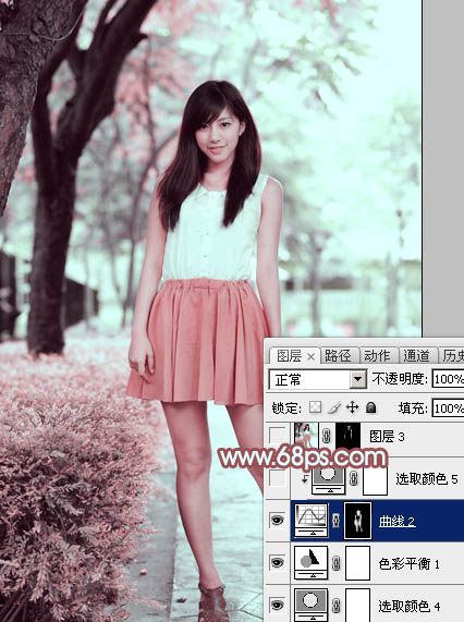 Photoshop为树下的美女图片调制出甜美的粉调青红色