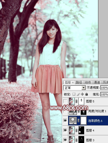 Photoshop为树下的美女图片调制出甜美的粉调青红色