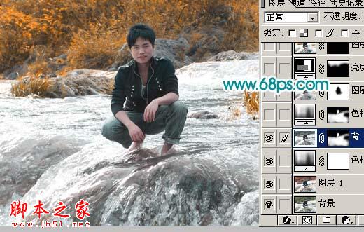 photoshop将溪流中的帅哥图片调制出金秋色