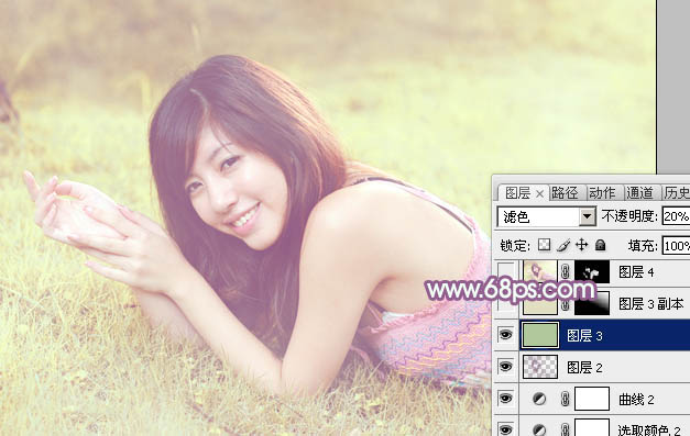 Photoshop为趴在绿草上的美女图片增加朦胧唯美的黄紫色