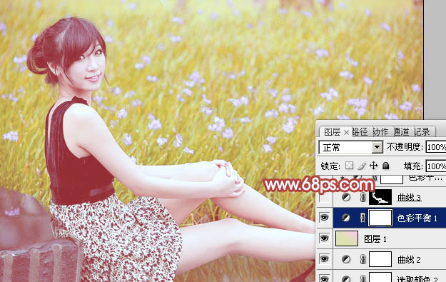 Photoshop为草地上的美女加上小清新的粉黄色
