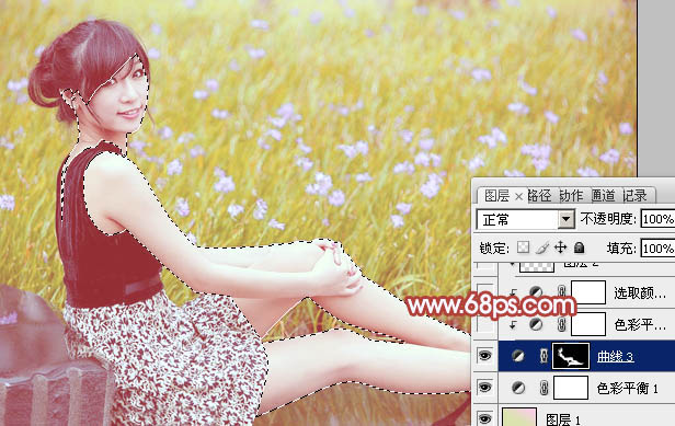 Photoshop为草地上的美女加上小清新的粉黄色