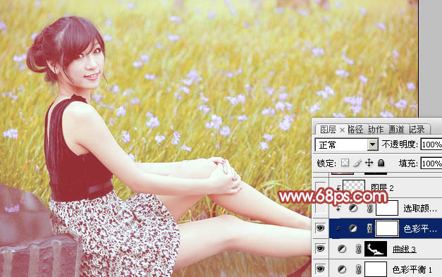 Photoshop为草地上的美女加上小清新的粉黄色