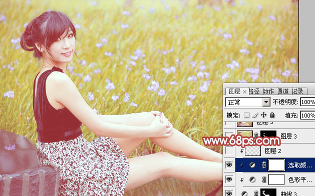 Photoshop为草地上的美女加上小清新的粉黄色