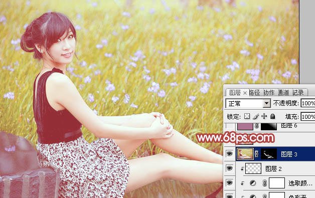 Photoshop为草地上的美女加上小清新的粉黄色