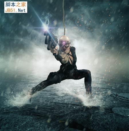  photoshop合成在雨夜中在水中战斗的光电女枪手