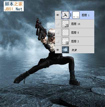  photoshop合成在雨夜中在水中战斗的光电女枪手