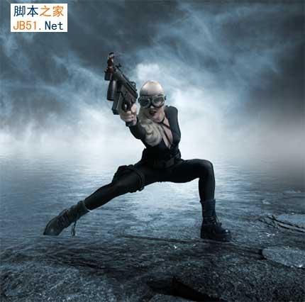  photoshop合成在雨夜中在水中战斗的光电女枪手