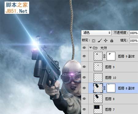  photoshop合成在雨夜中在水中战斗的光电女枪手