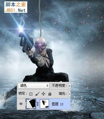  photoshop合成在雨夜中在水中战斗的光电女枪手