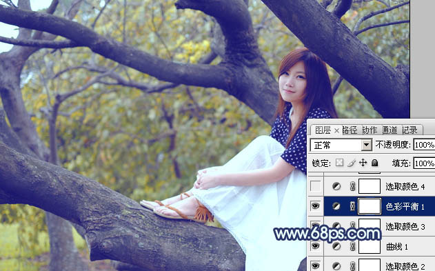 Photoshop为坐树枝上的美女调制出小清新的蓝黄色