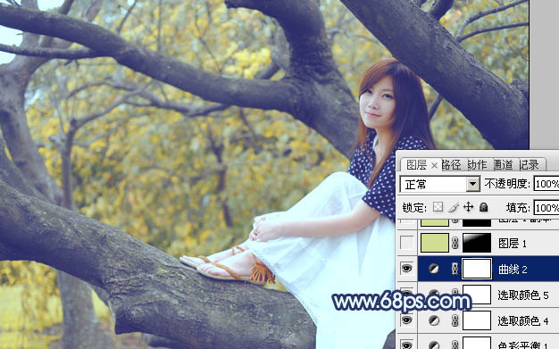 Photoshop为坐树枝上的美女调制出小清新的蓝黄色