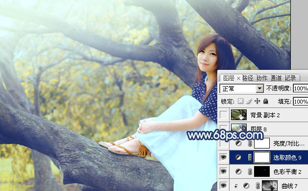 Photoshop为坐树枝上的美女调制出小清新的蓝黄色