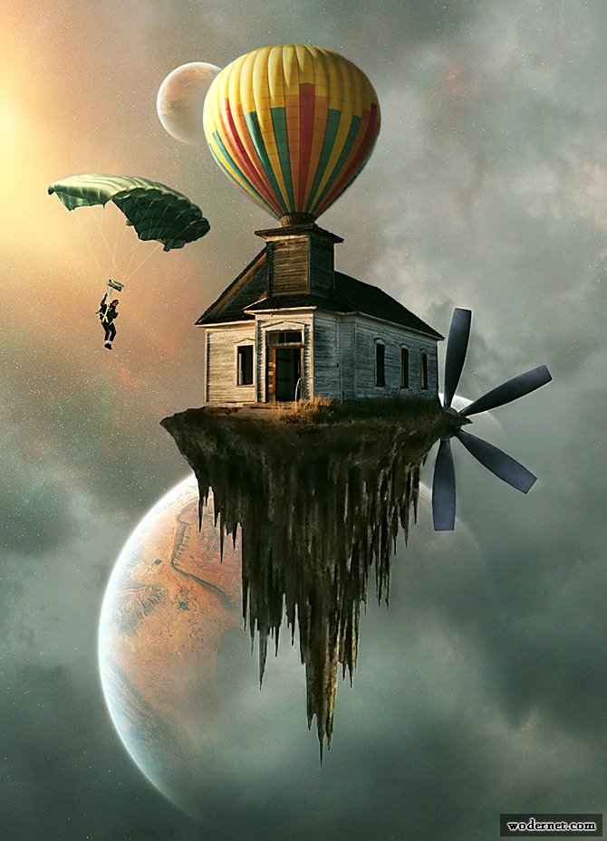 ps合成制作热气球带着房子在空中漂浮的场景”