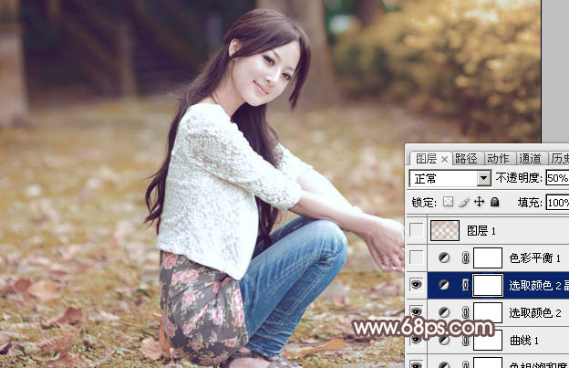 Photoshop将草地上的美女调制出古典中性红褐色