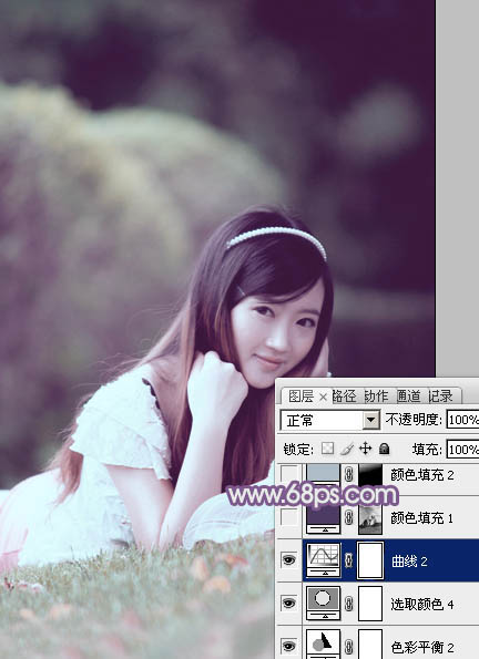 Photoshop为草地上的美女调制出唯美的中性紫色